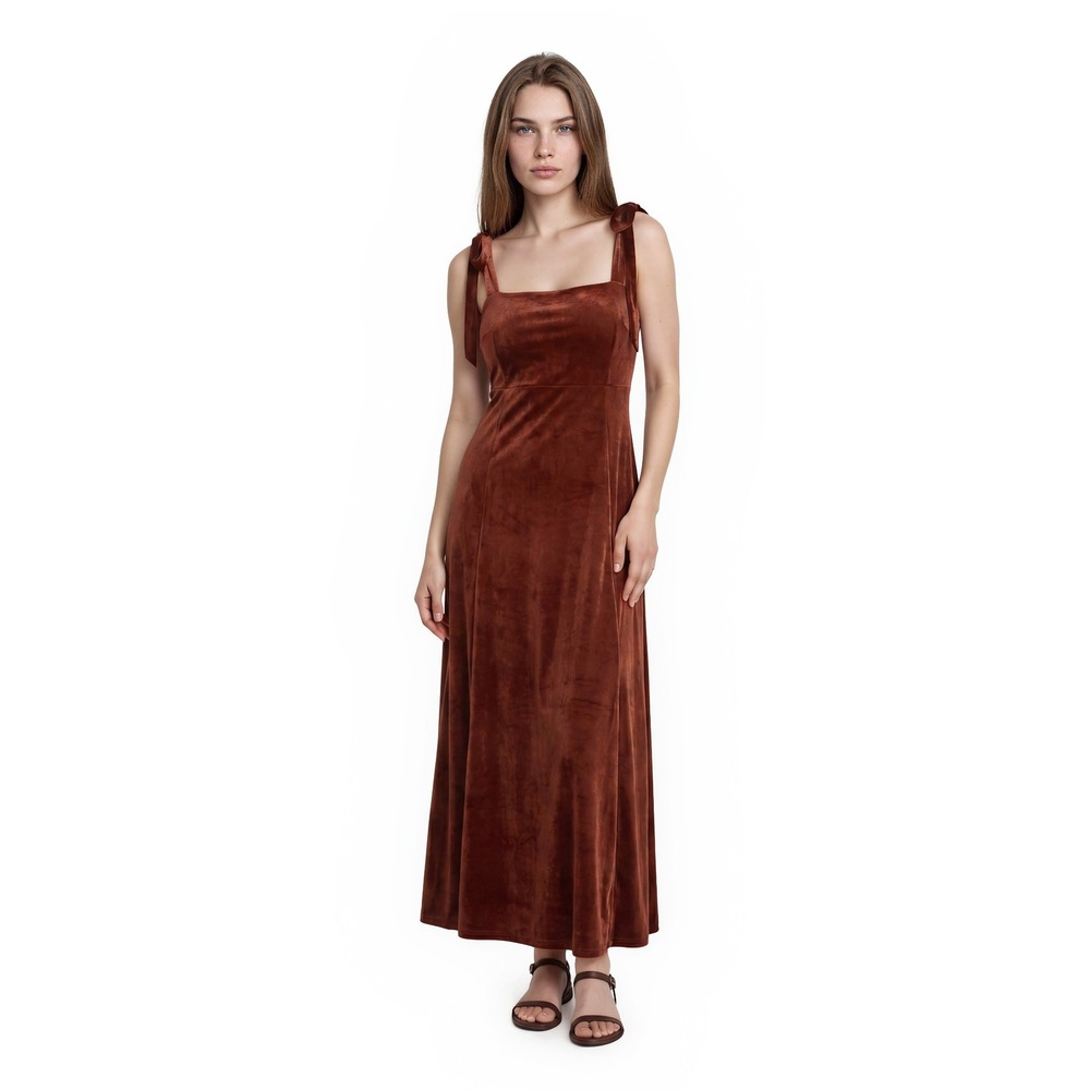 NEW Birdy Grey Velvet Maxi Dress Women's Size Small Rust Orange Tie‎ Strap Gown